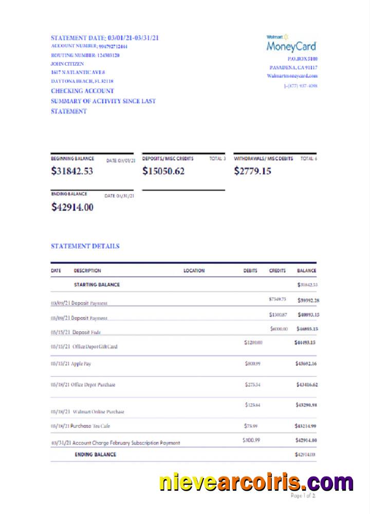 USA Walmart Money Card statement Word and PDF, version 2 scr
